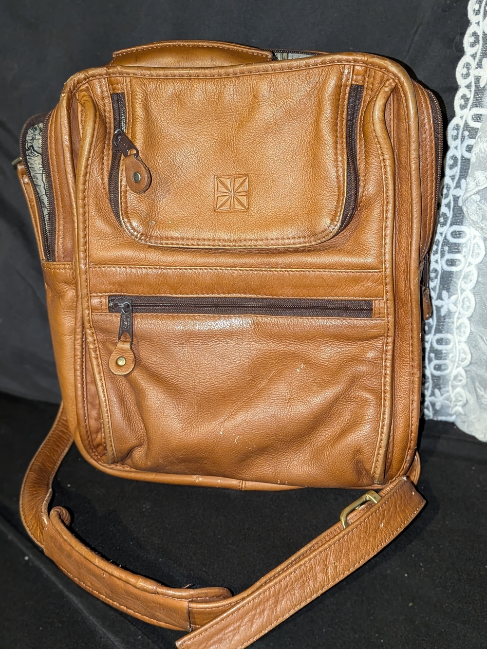Classic Brown Leather Messenger Bag with Front Zip Pockets